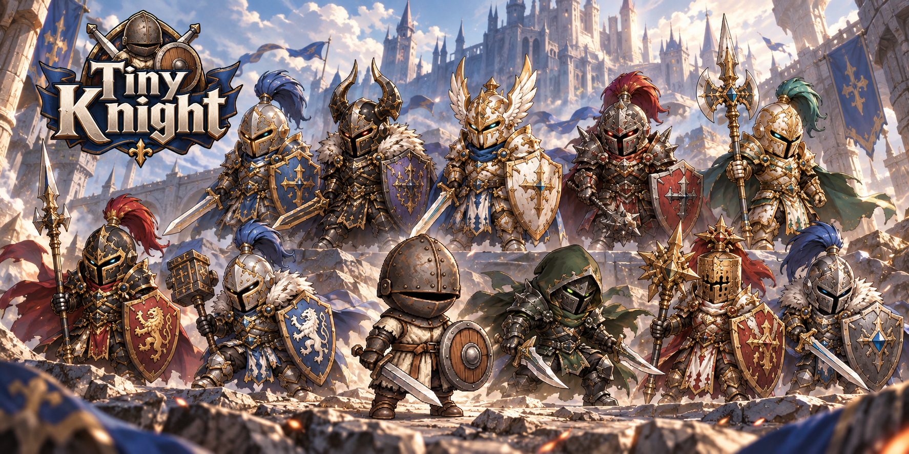 Tiny Knight 로고와 검과 나무 방패를 든 작은 기사, 각자의 무기를 지닌 정예 기사들이 함께한 대표 일러스트